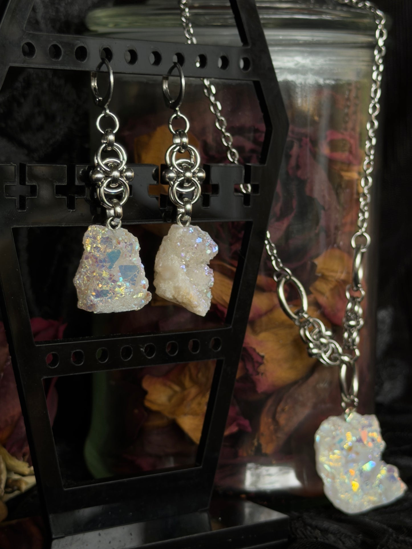SILVER GLACIER - Mini Druzy Quartz Chunk Ear Hangers