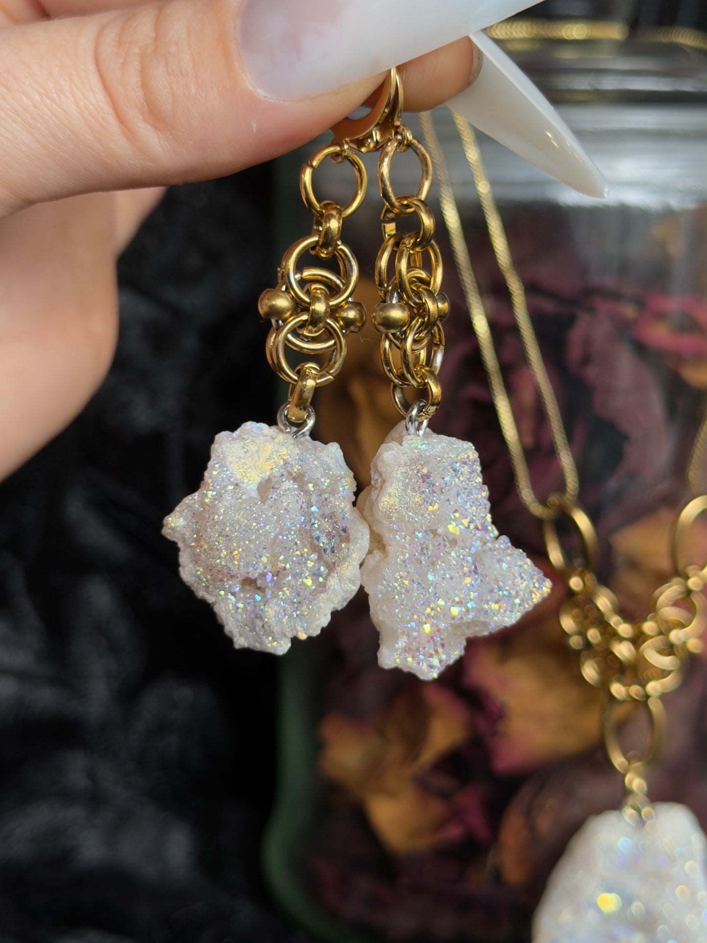 GOLD GLACIER - Mini Druzy Quartz Chunk Ear Hangers